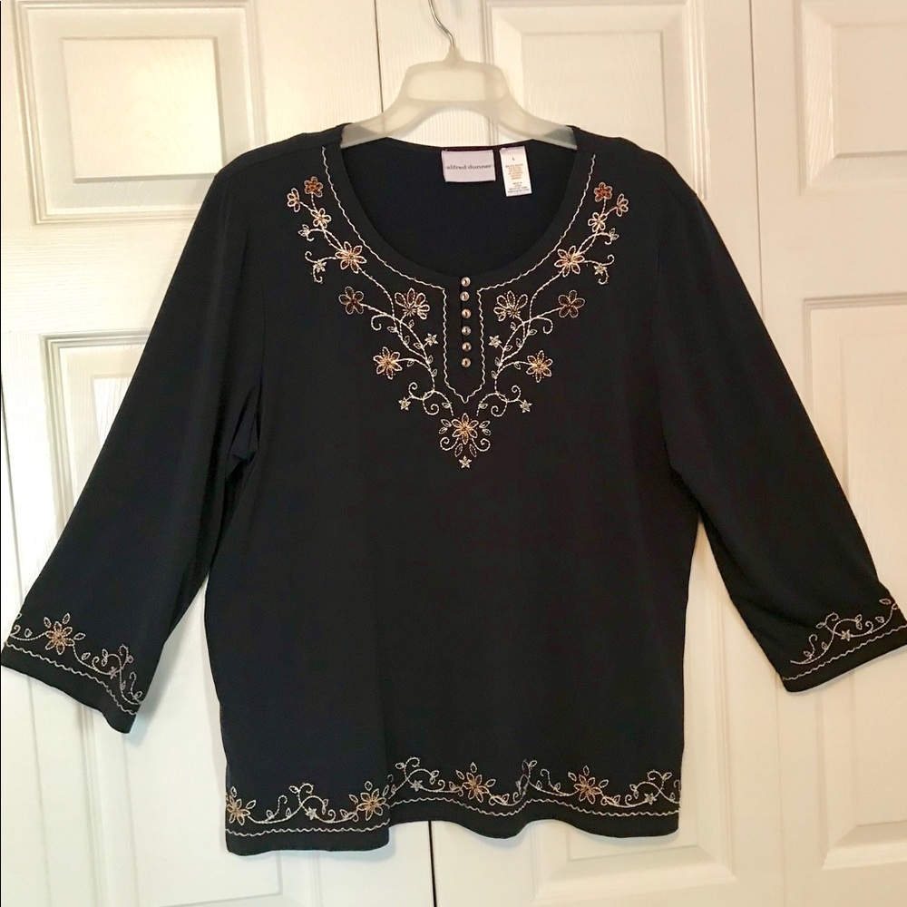 Alfred Dunner Navy Blue Tunic w/Beading Trim Sz L